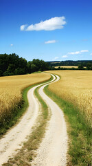 Naklejka premium Winding dirt road through a golden wheat field under a blue sky with a single white cloud.