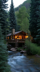 Obraz premium A cozy wooden cabin nestled amongst tall trees with a rushing stream in the foreground.