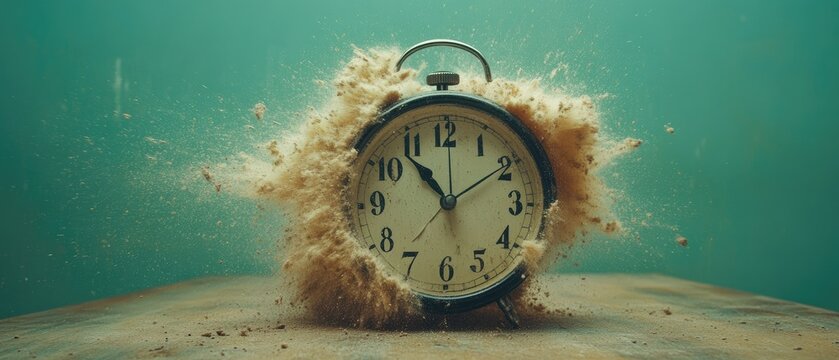 Vintage alarm clock exploding into a cloud of dust on a wooden table.