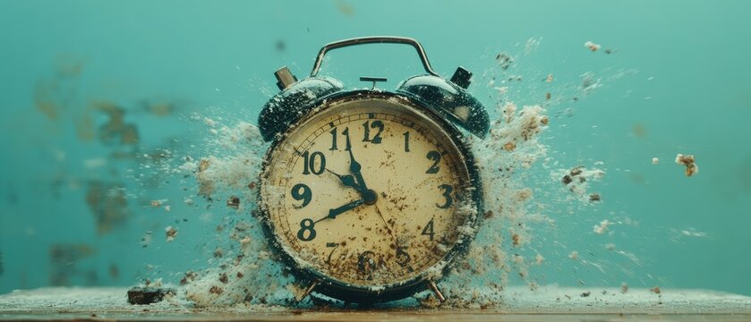 Vintage alarm clock exploding into dust against a blue background.