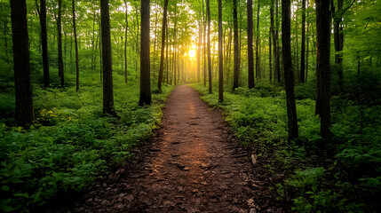Obraz premium A path through a lush green forest with the sun shining through the trees.