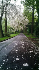 Obraz premium A paved path winds through a lush, green park with a flowering tree overhead. Petals from the blossoms lay scattered on the wet pavement.