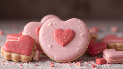 Fototapeta premium Decorated heart shaped cookies on white background. Valentine's Day tea party, festive table setting in pink.