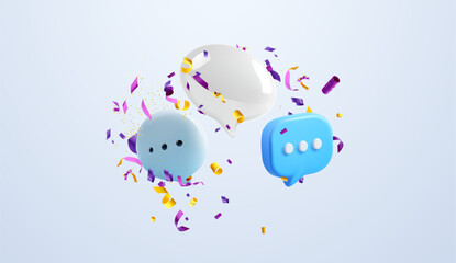 Obraz premium Vector illustration of colorful 3D chat bubbles surrounded by vibrant confetti, symbolizing celebration, communication, and social media engagement. Perfect for themes of digital interaction