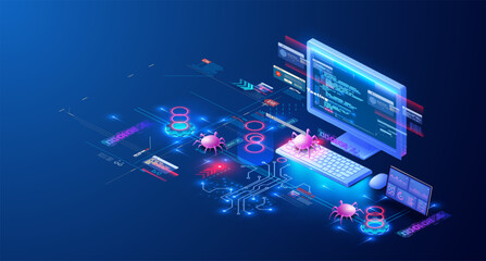 Vector illustration of a futuristic cybersecurity breach scenario, showcasing digital bugs, data hacking, and cyber threats. Ideal for concepts of online security, technology, and digital protection.