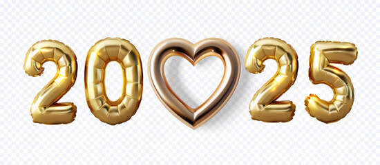 Vector illustration of shiny golden balloon numbers '2025' with a heart symbol, perfect for New Year celebrations, events, and festive decorations. Ideal for holiday greetings, party invitations.