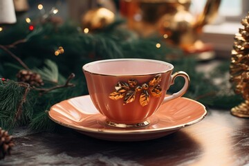 Christmas tea cup saucer coffee drink.
