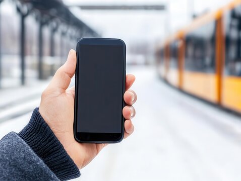 Person using a mobile app to pay for public transportation, transit payments, commuting ease