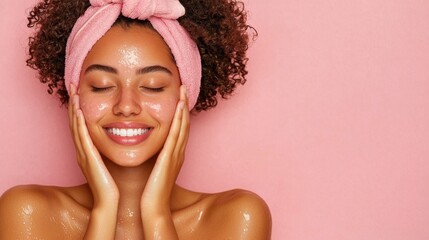 A young woman smiles while applying a facial treatment, showcasing healthy skin against a pink backdrop, wearing a light pink headband.