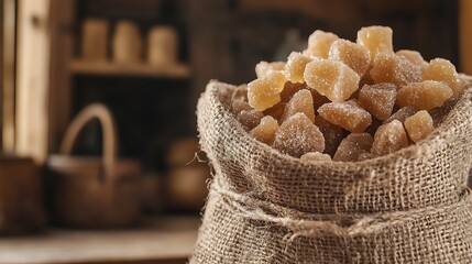 Raw sugar in its natural form, with brown crystals in a burlap sack, representing unrefined sugar