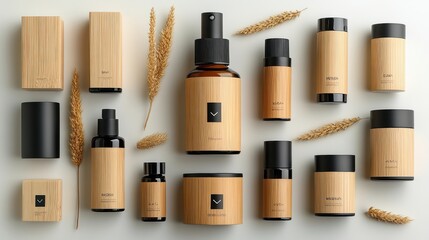 Obraz premium Top view of wooden cosmetic bottles and jars with natural elements.