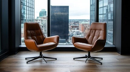 Obraz premium Stylish modern office chairs with a stunning city view in the background, perfect for a contemporary workspace.