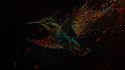 Obraz premium Colorful Birds in Flight, Dynamic Dispersion and Splatter Effect Against a Black Background.
