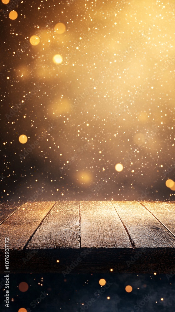 Poster empty wooden table illuminating by golden festive bokeh lights and glitter dust