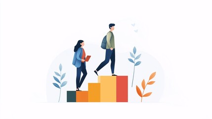 Fototapeta premium Colorful Illustration of Two Customers Climbing Bar Chart Steps Towards Growth and Success in a Modern Digital Environment with Nature Elements