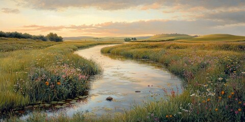 A Tranquil Stream Flowing Through a Summer Meadow