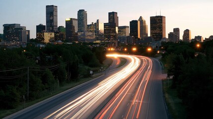 Scenic View of a City Skyline at Dusk with a Busy Highway in the Foreground, Showcasing Urban Life and Vibrant City Lights Against a Twilight Sky