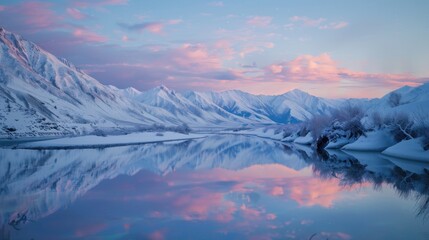 Obraz premium Serene Winter Sunrise: Pink clouds reflected in a still, snow-covered lake, majestic mountains rise in the background, creating a breathtaking winter landscape. 