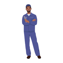Obraz premium Young man mechanic holding wrench set at car workshop garage. Flat vector illustration isolated on white background