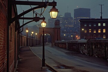 A cinematic film photograph of a city park at twilight