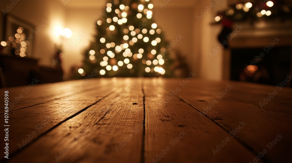 Aufkleber a close-up of a wood table with a blurred background showing a lit christmas tree and a fireplace.