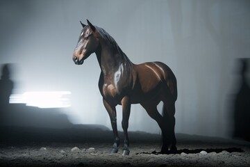 Obraz premium Majestic Stallion in Misty Arena: A powerful dark brown horse stands proudly in a dimly lit arena, showcasing its muscular build and elegant posture.