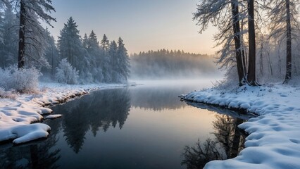 Winter lake in a forest, trees and ground covered with snow. Calm atmosphere. Foggy morning