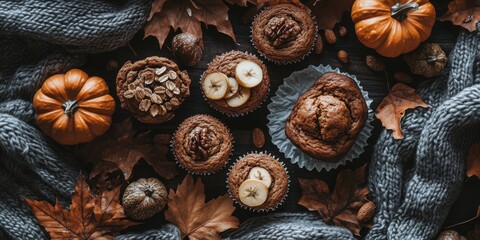 Fototapeta premium A warm autumn setting showcases freshly baked pumpkin cookies adorned with nuts, surrounded by small decorative pumpkins and fall leaves on a soft knitted blanket.