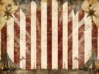 A vintage circus tent with red and white striped canvas and a worn, distressed texture stands against a weathered background