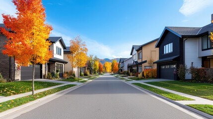 Naklejka premium Contemporary Urban Home with Colorful Autumn Foliage, Sunny Day in Suburban Street, Modern Architecture and Design