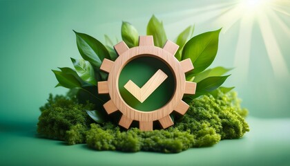 Eco-friendly concept featuring a wooden gear with a check mark, surrounded by lush green foliage, symbolizing sustainable practices