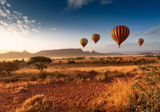 Bunte Hei&szlig;luftballone &uuml;ber der Steppe in Afrika 