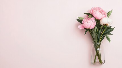 Naklejka premium Clear vase with soft blush peonies, minimal and delicate, isolated on a neutral backdrop