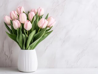 Obraz premium Elegant white vase with blush tulips, minimalist design, isolated on a clean backdrop