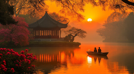 Landscape, sunset on a lake with a house on the shore, boat with two people