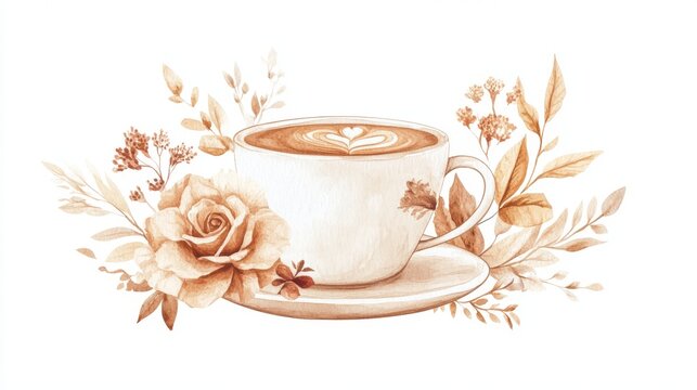 Floral Latte Art in Warm Watercolor Tones