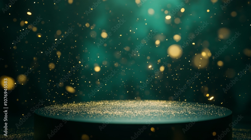 Aufkleber golden particles drift gracefully above a dark, reflective surface, illuminated by a soft, ethereal 