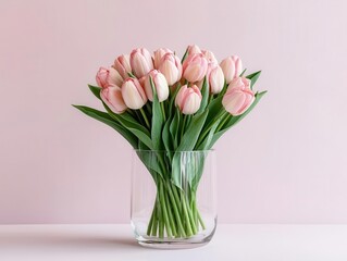 Fototapeta premium Elegant clear vase with pale peach tulips, minimalist and delicate, isolated on a light background