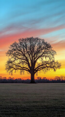 Obraz premium A lone tree stands tall in a field at sunset with colorful sky.