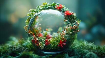 A glass globe encircled by forest plants reflects sustainability and environmental responsibility