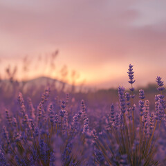 Obraz premium A serene background of lavender fields in full bloom during a sunset.