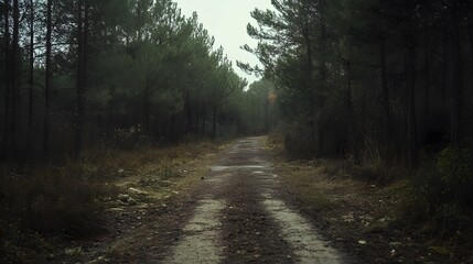 Obraz premium Abandoned road in overgrown pine forest, sense of mystery and decay