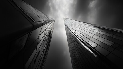 Two towering skyscrapers reach towards a dramatic, cloudy sky, captured in a black and white, low-angle perspective.