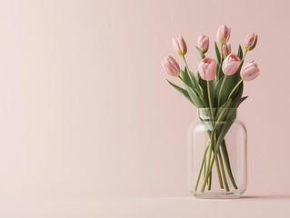 Fototapeta premium Soft pink tulips in a sleek glass vase, minimal and elegant, isolated on a neutral background