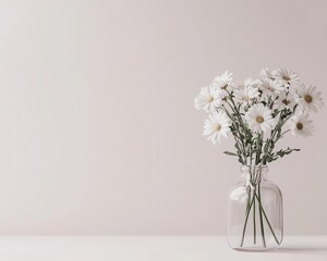 Fototapeta premium Clear vase with delicate white daisies, minimal and soft, isolated on a light background