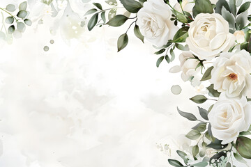 Watercolor background, white rose frame ,Wedding concept with flowers. Floral poster, invite. Vector arrangements for greeting card or invitation design