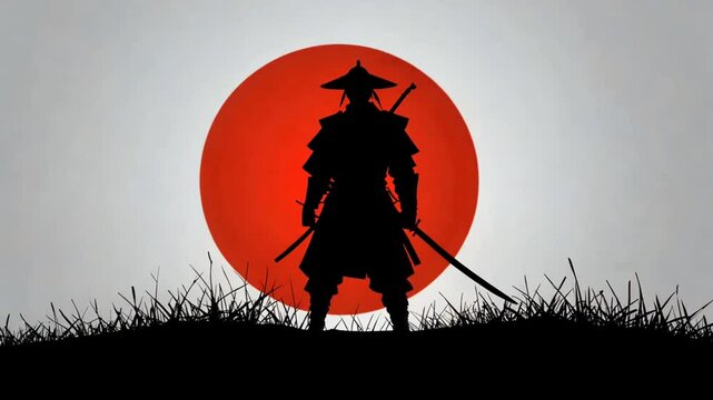 Silhouette of a Samurai warrior standing in front of a rising sun.