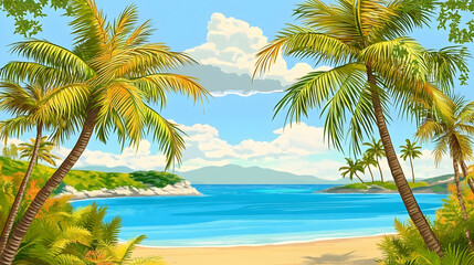 Fototapeta premium A tropical beach with palm trees and turquoise water.
