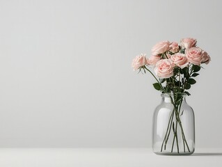 Fototapeta premium Soft pink roses in a minimalist glass vase, elegantly arranged, isolated on a light backdrop
