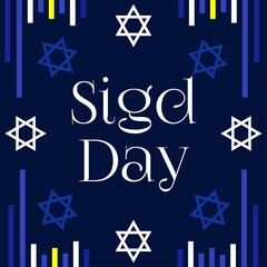 National Sigd Day square religious banner with symbols and geometric shapes on a dark blue background 